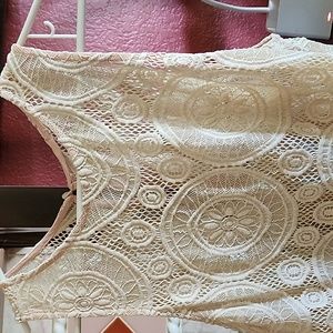 Elodie Crochet Round Pattern Tank Top L Nylon and Spandex Cream Pink